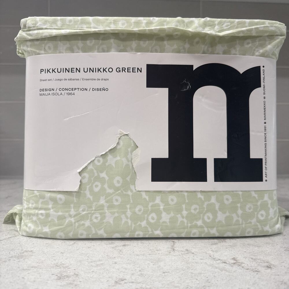 Marimekko Pikkuinen Unikko Green KING Sheet Set Floral Cotton 4 Pc NWT OEKO